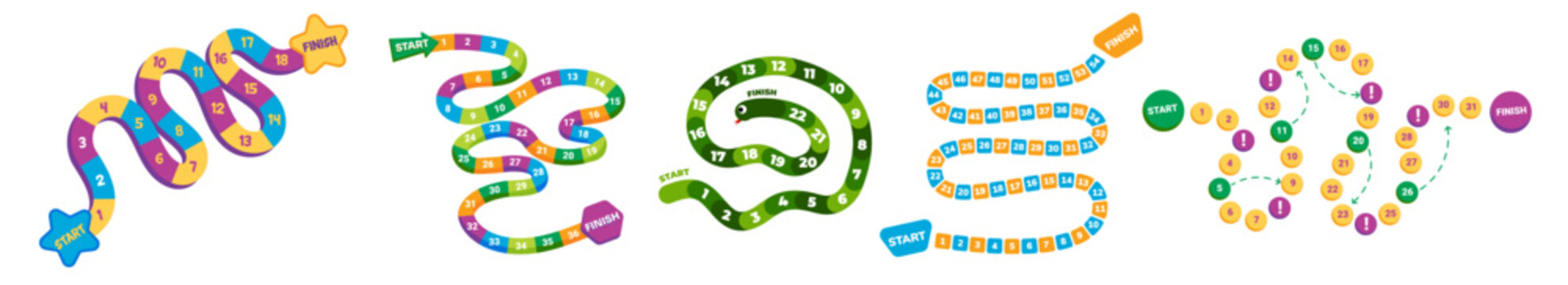 Set if board games for kid in colorful cartoon style. Snake platform game with numbers.
