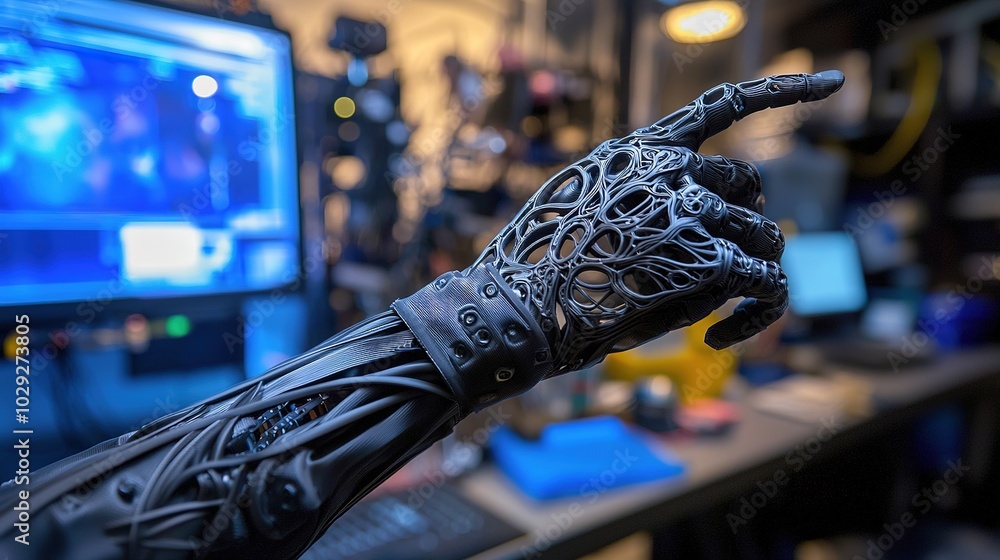 Poster a detailed robotic hand is seen, pointing in a tech-filled environment with a computer in the backgr