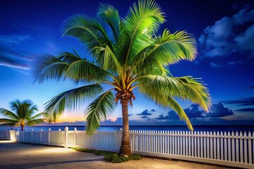 Fototapeta premium Tropical Palm Tree Over White Fence Against Blue Sky - Perfect Summer Vibes