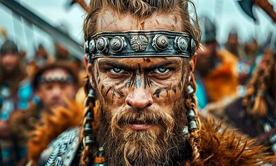 Amidst a gathering of warriors, a Norse fighter with intricate tattoos and a striking gaze captures the essence of ancient bravery and heritage under a moody sky