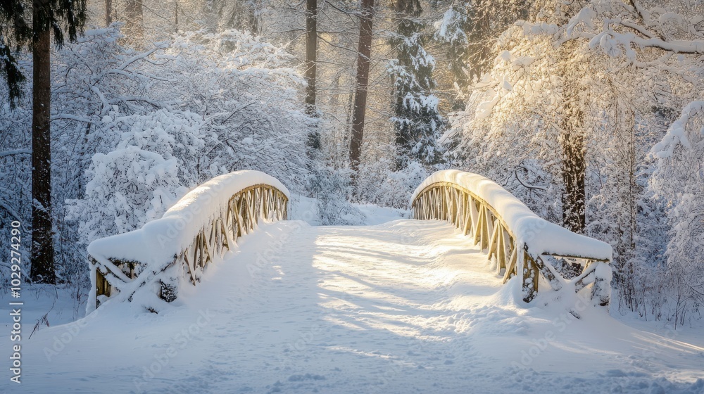 Canvas Prints a snow-covered bridge in a forest, with soft light filtering through the snow-laden trees