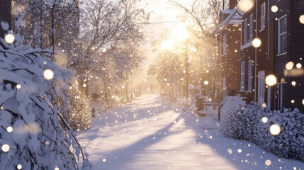 A quiet street covered in snow, with soft natural light filtering through the falling snowflakes