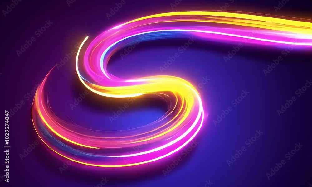 Poster abstract background with neon glowing lines shape, creating vibrant and dynamic curves on a dark pur
