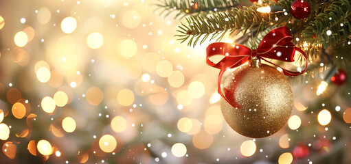 Christmas background with a golden Christmas tree ornament and red ribbon hanging on it