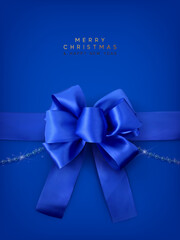 Christmas realistic blue satin ribbon and bow, string beads. Gift bow template. Xmas banner, web poster, design for flyer, brochures, holiday invitations. Happy new year gift card. Vector illustration