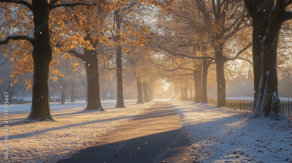 Canvas Prints snow gently falling on a quiet park, with soft light filtering through the trees
