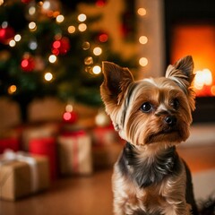 yorkshire terrier sitting in front of christmas decorations