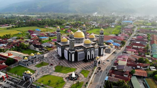 Aerial video, beautiful view of the great mosque of Kutacane, southeast Aceh