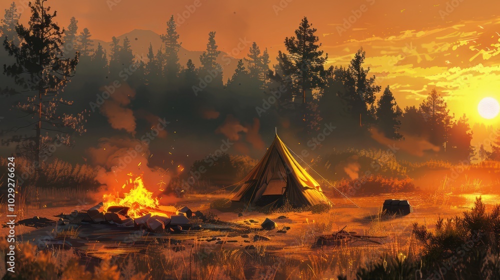 Poster A Campsite with a Bonfire, Tent, and Sunset in a Pine Forest