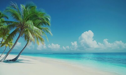 Fototapeta premium Serene Tropical Beach with Palm Trees and Blue Sky: Perfect Summer Vacation, Beach Escape, or Business Travel Setting with Copy Space for Relaxation Concept Serene Tropical Beach with Palm Trees.