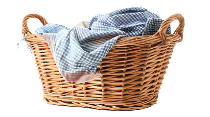 Obraz premium Laundry basket clean clothes cleaning chores housework, clean clothes and Wicker basket with clean laundry isolated on white background