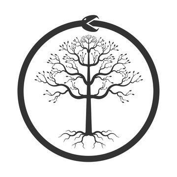 Ouroboros snake and tree of life. Serpen eating itself sign. Yggdrasil symbol. Vector illustration image.