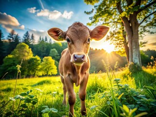 Curious Calf in Pasture - Beautiful Farm Animal Product Photography for Nature Lovers