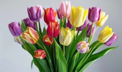 Fototapeta premium Bouquet of colorful tulips, white background, 4K hyperrealistic photo