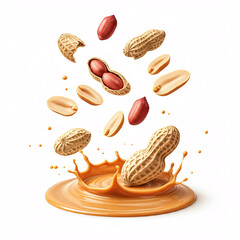 peanut butter splash with peanuts falling into it on white background