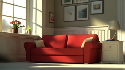 Red Sofa in Living Room.