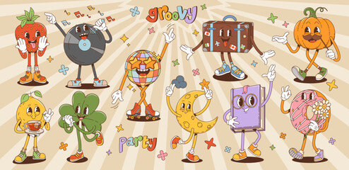 Cartoon retro groovy characters, hippie 60s 70s and funky comic art, vector personages. Funny groovy donut and dancing disco ball with vinyl disk on hippie party with cute lemon and shamrock clover