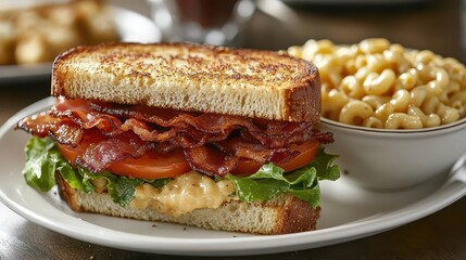 deliciously arranged blt sandwich with crisp bacon fresh lettuce and juicy tomato on a white plate accompanied by a warm bowl of macaroni and cheese