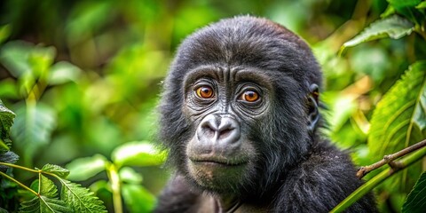 Obraz premium Cute Baby Gorilla with Anxious Expression in Lush Green Environment