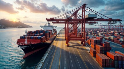 Naklejka premium large cargo ship docked at a port with multiple cranes and cargo containers