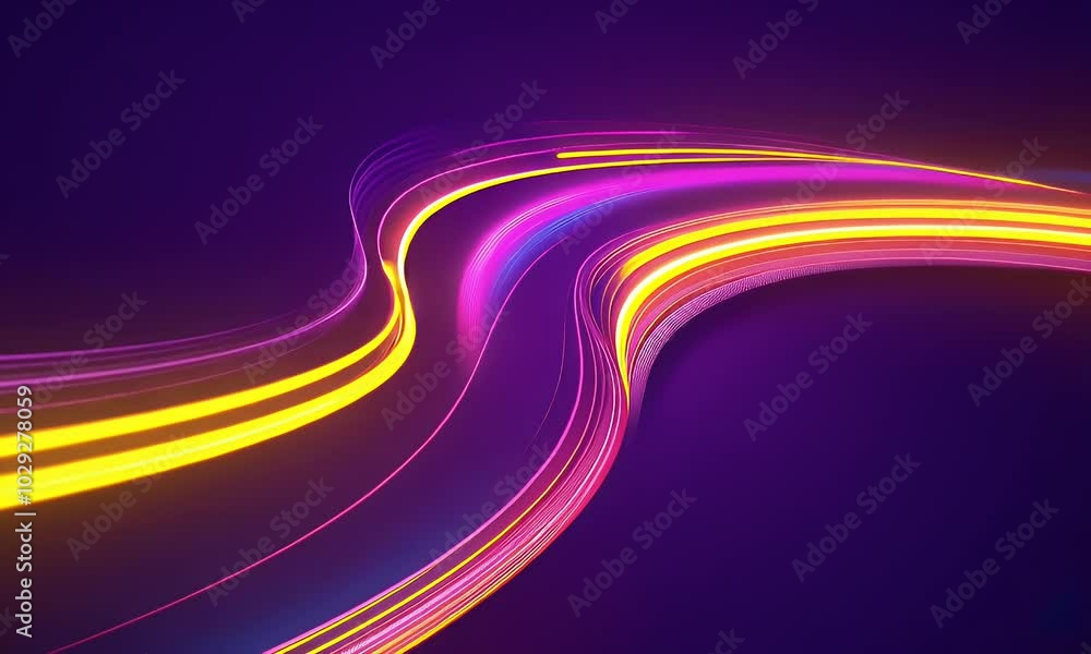 Poster abstract background with neon glowing lines shape, creating vibrant and dynamic curves on a dark pur