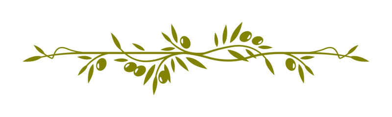 Olive leaves frame border line or divider of vector tree branches and vines with green olive fruits. Vegetable oil label frame border line, italian restaurant menu divider or wedding invitation decor