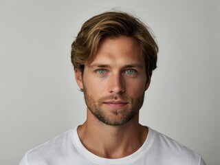 Fototapeta premium Portrait of handsome young man with blond hair and green eyes looking at camera