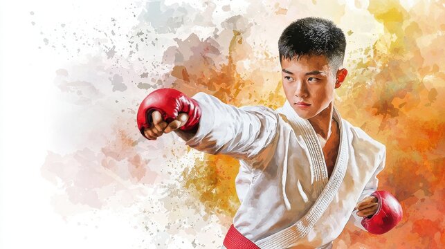 Karate fighter in action, dynamic pose, colorful background.