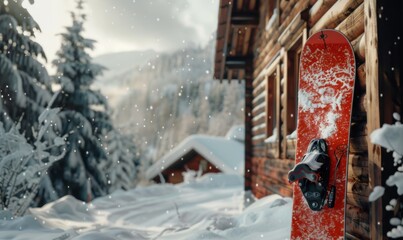 Snowboard propped against the cabin, 4K hyperrealistic photo