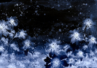 Watercolor floral background. Summer, autumn, spring landscape. Sunflower, calendula, chamomile in the field. banner, card for your design.Branches in the wind, whirlwind.
 plants, wild herbs pattern