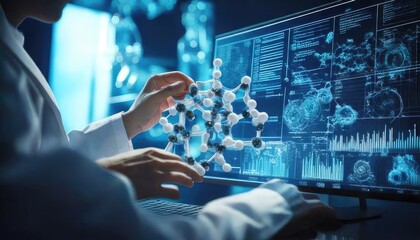 A scientist in a lab studies molecular structures using a computer, showcasing advanced research technology.
