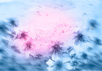 Watercolor floral background. Summer, autumn, spring landscape. Sunflower, calendula, chamomile in the field. banner, card for your design.Branches in the wind, whirlwind.
 plants, wild herbs pattern