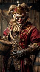 Obraz premium striking, detailed portrait of sinister jester character in elaborate, gothic-inspired attire. jester wears twisted smile, dark, theatrical energy, blend of horror and fantasy