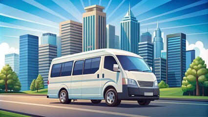 Urban Exploration of a White Mini Van Shuttle Bus in Flat Vector Style