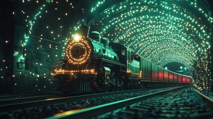 A vintage steam train decorated with lights travels through a tunnel adorned with sparkling lights.