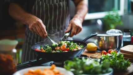 Culinary artistry in a vibrant kitchen scene with fresh vegetables and gourmet cooking