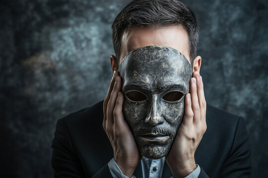 Man covers his face with a copper mask.