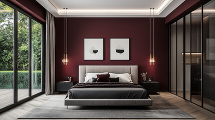 Modern Bedroom Interior Design with Burgundy Walls  Large Windows  and Pendant Lights