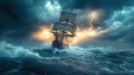 dramatic portrayal of a ship navigating through a raging storm illuminated by fierce lightning strikes encapsulating the struggle against nature in a tumultuous ocean scene