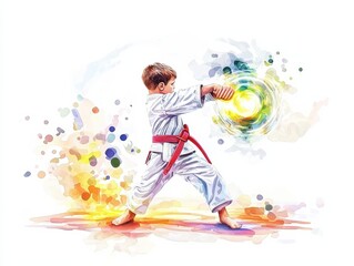 Young martial artist performing, colorful watercolor style