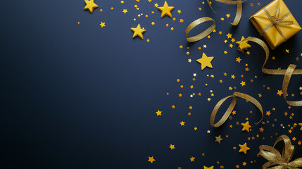 Luxury gold Christmas decorations on dark blue background. Xmas greeting card template, Happy New Year banner mockup.