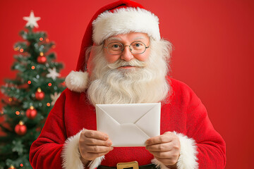 Naklejka premium Santa Claus is holding a letter on a red background