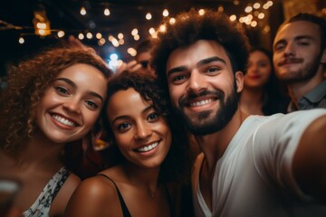 Obraz premium Close up of diverse friends taking selfie while having party