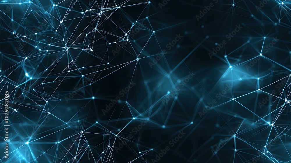 Poster this abstract dark blue background features a complex low-poly network of lines and dots, illustrati
