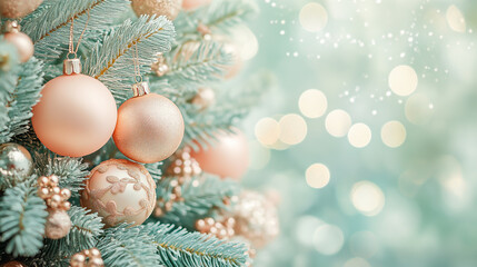 Christmas background with peach-colored toys and blurred lights