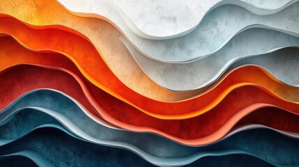 Chromatic Terrain Odyssey: Layered Paper Sculpture Evokes Surreal Landscape of Fiery Sun and Undulating Waves in Vibrant Artistic Exploration of Texture and Dimension