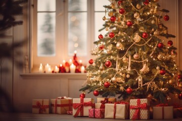 Beautiful Christmas tree with presents and candles by the window
