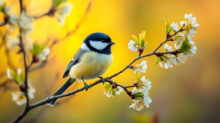 Obraz premium Cute bird with green branches and yellow background.