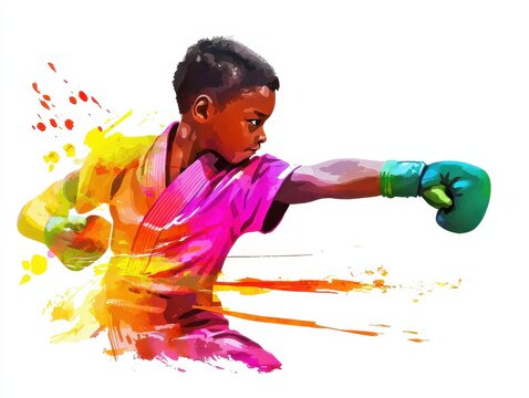 Boy practicing boxing with colorful motion effects.