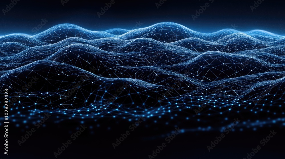 Poster this abstract dark blue background features a complex low-poly network of lines and dots, illustrati